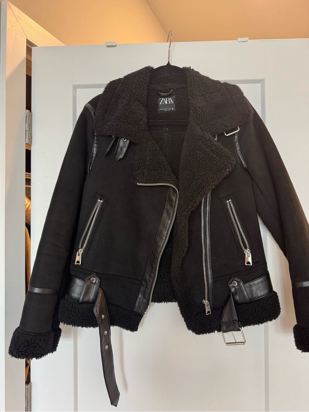 Zara Black Teddy Shearling Moto Jacket